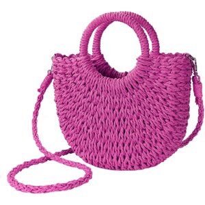 Women's Rose Red Straw Beach Woven Crossbody Shoulder Top Handle Satchel Handbag
